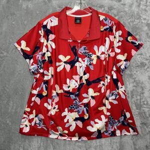Tek Gear Polo Shirt Womens 2XL Red Floral Print Stretch Short Sleeve Golf Top